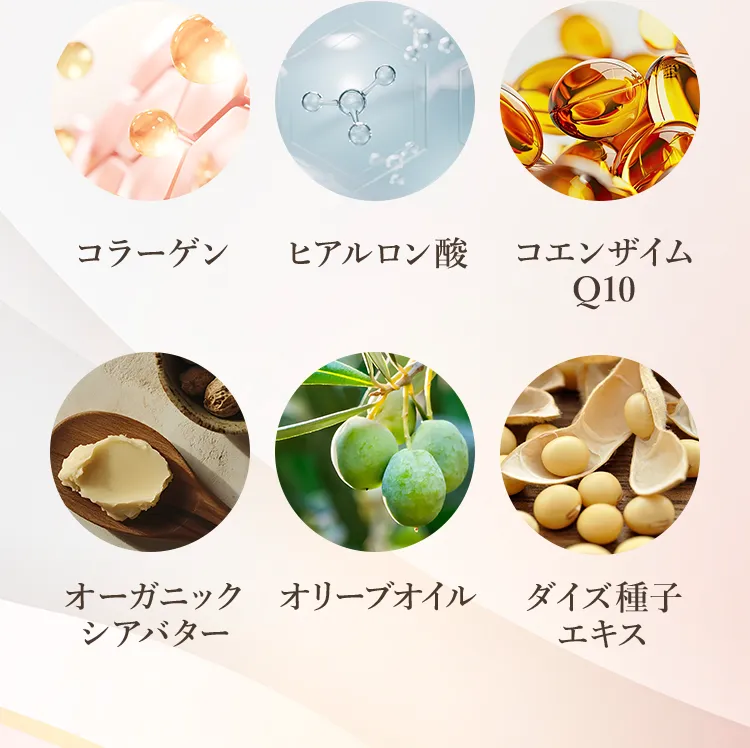 コラーゲン・ヒアルロン酸・コエンザイム Q10・オーガニックシアバター・オリーブオイル・ダイズ種子エキス